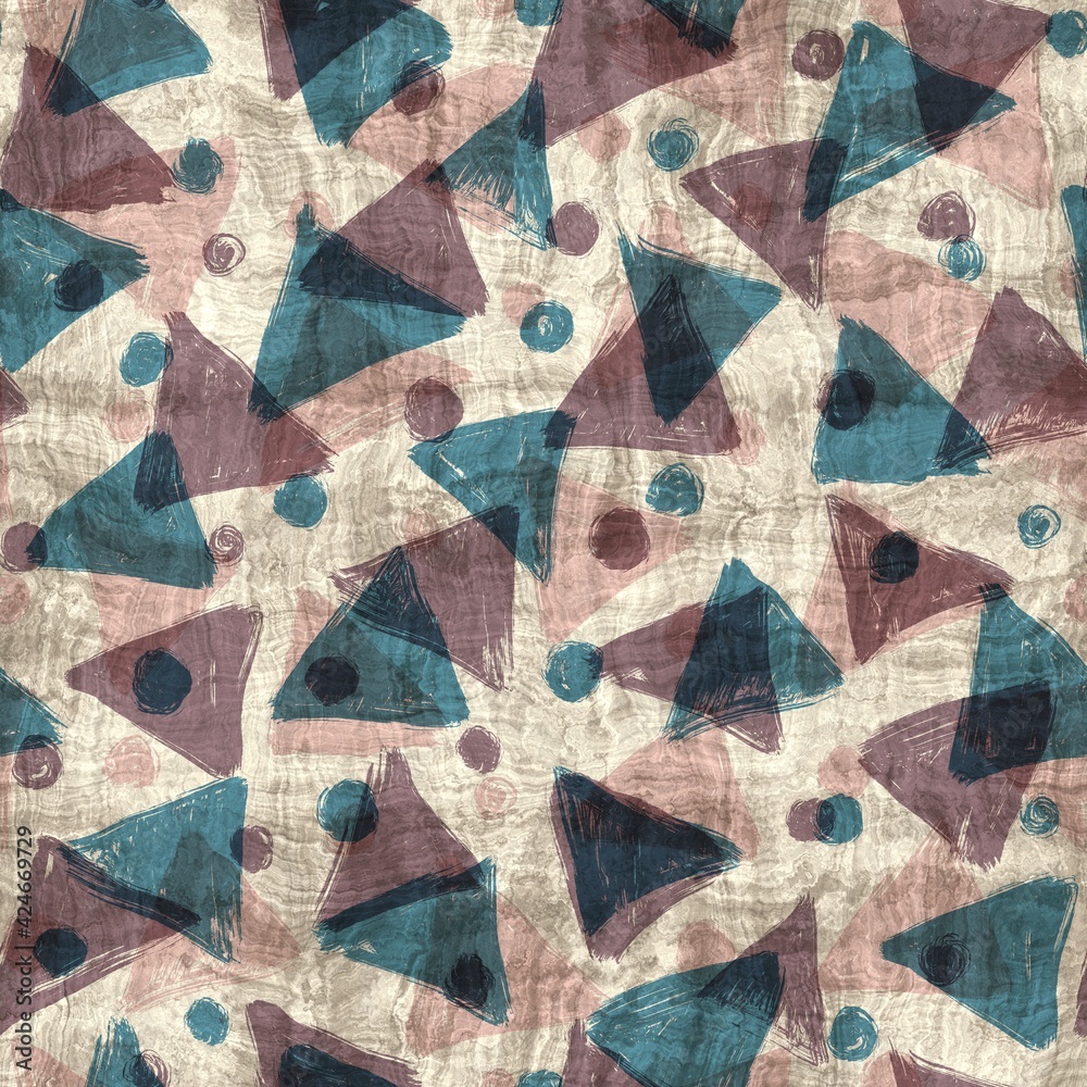 Seamless blue pink cream and navy surface pattern. High quality illustration. Overlaid and multiplied distressed and grungy worn abstract design for print. Detailed artistic repeat tile swatch.