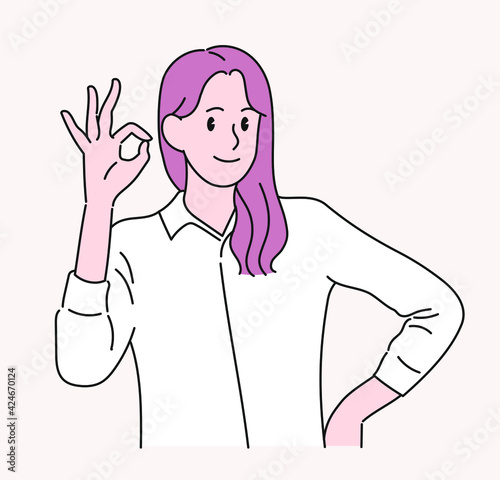 A woman is signing okay. hand drawn style vector design illustrations. 