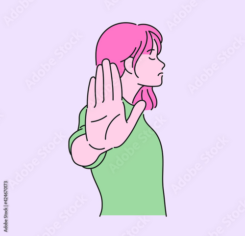 A woman is showing her palm. hand drawn style vector design illustrations. 