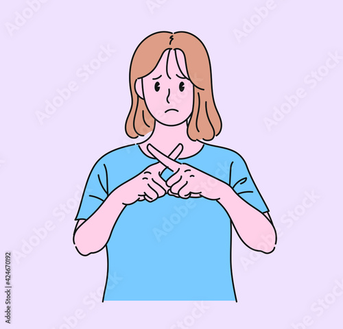 A woman is making an X with her fingers. hand drawn style vector design illustrations. 