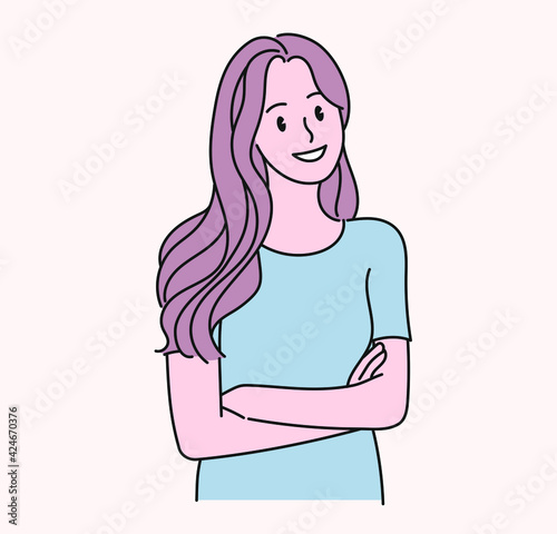 A woman is smiling with her arms crossed. hand drawn style vector design illustrations. 