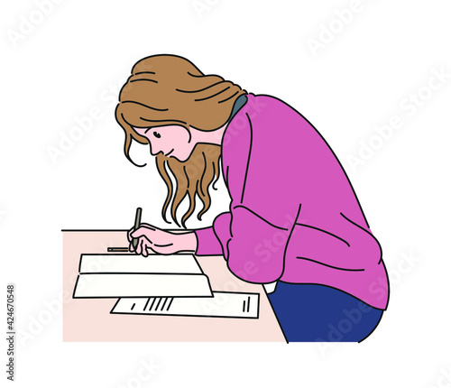A girl is writing something. hand drawn style vector design illustrations. 