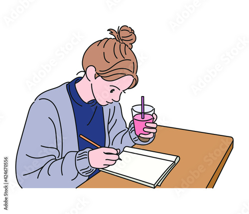 A girl is holding a drink in one hand and taking notes with one hand. hand drawn style vector design illustrations. 