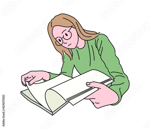 A woman wearing glasses is reading a book. hand drawn style vector design illustrations. 