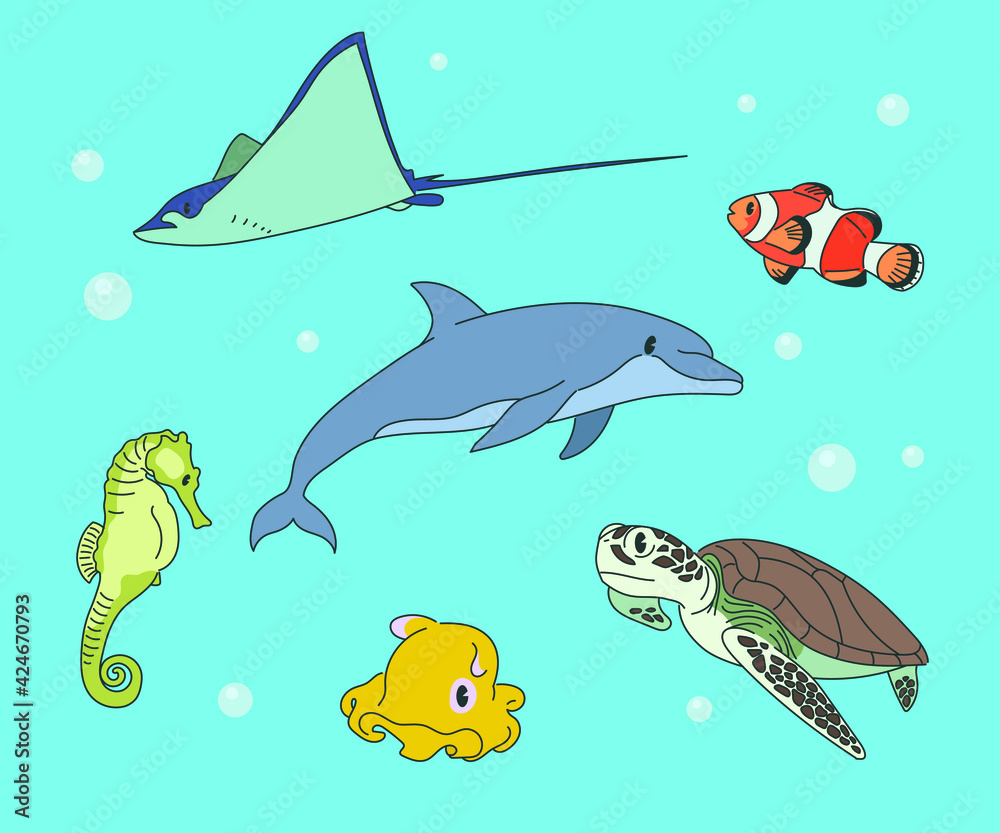 Fototapeta premium Various animals in the sea. hand drawn style vector design illustrations.