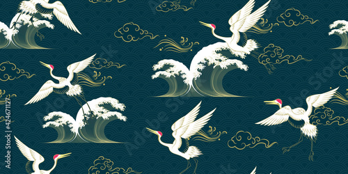 Seamless Art Japanese Repeat Pattern of Swimming KOI Carp Fish in River with Ripple with Floating Gold Sakura Flower Icon on Wave Repeat Pattern Blue Background Vector Design