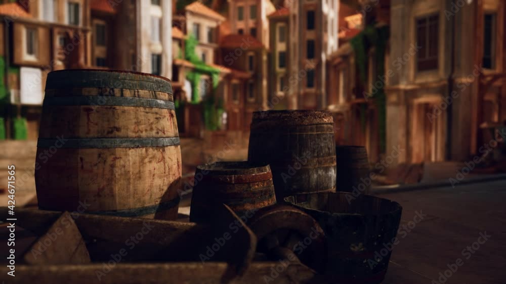 old wooden wine barrels in a sea town port old wooden wine barrels in a sea town port