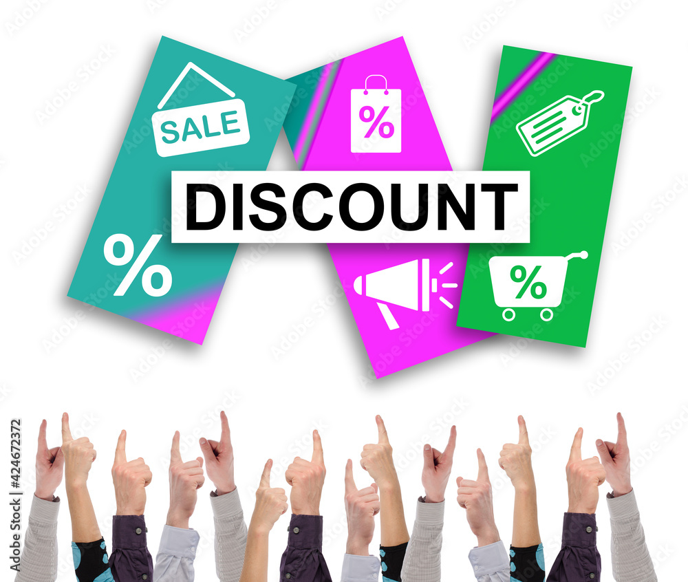 Discount concept pointed by several fingers Discount concept pointed by several fingers