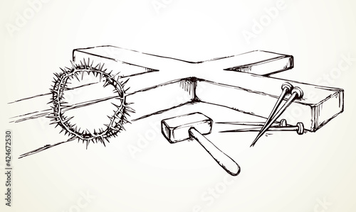 Wooden cross and iron nails. Vector drawing