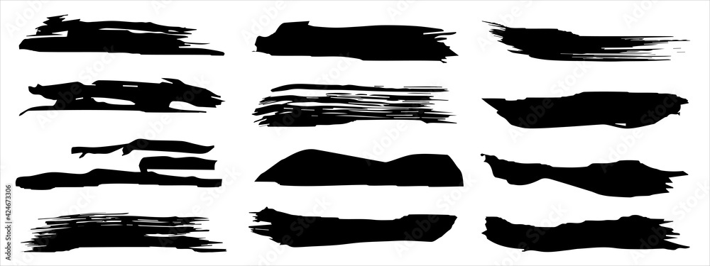 Vector collection of artistic grungy black paint hand made creative brush stroke set isolated on banner background. A group of abstract grunge sketches for design education or graphic art decoration Vector collection of artistic grungy black paint hand made creative brush stroke set isolated on banner background. A group of abstract grunge sketches for design education or graphic art decoration