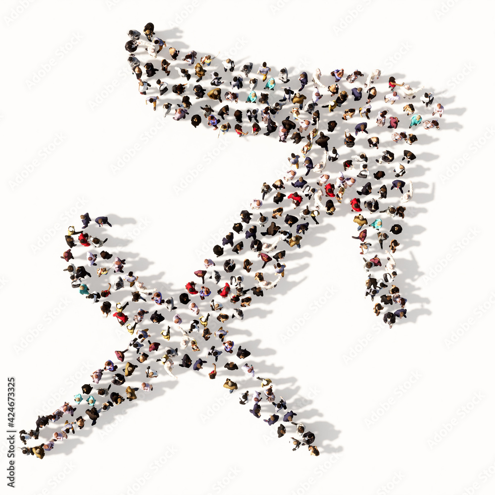 Concept or conceptual large gathering of people forming an sagittarius zodiac sign on white background. A 3d illustration symbol for esoteric, the mystic, the power of prediction of astrology Concept or conceptual large gathering of people forming an sagittarius zodiac sign on white background. A 3d illustration symbol for esoteric, the mystic, the power of prediction of astrology