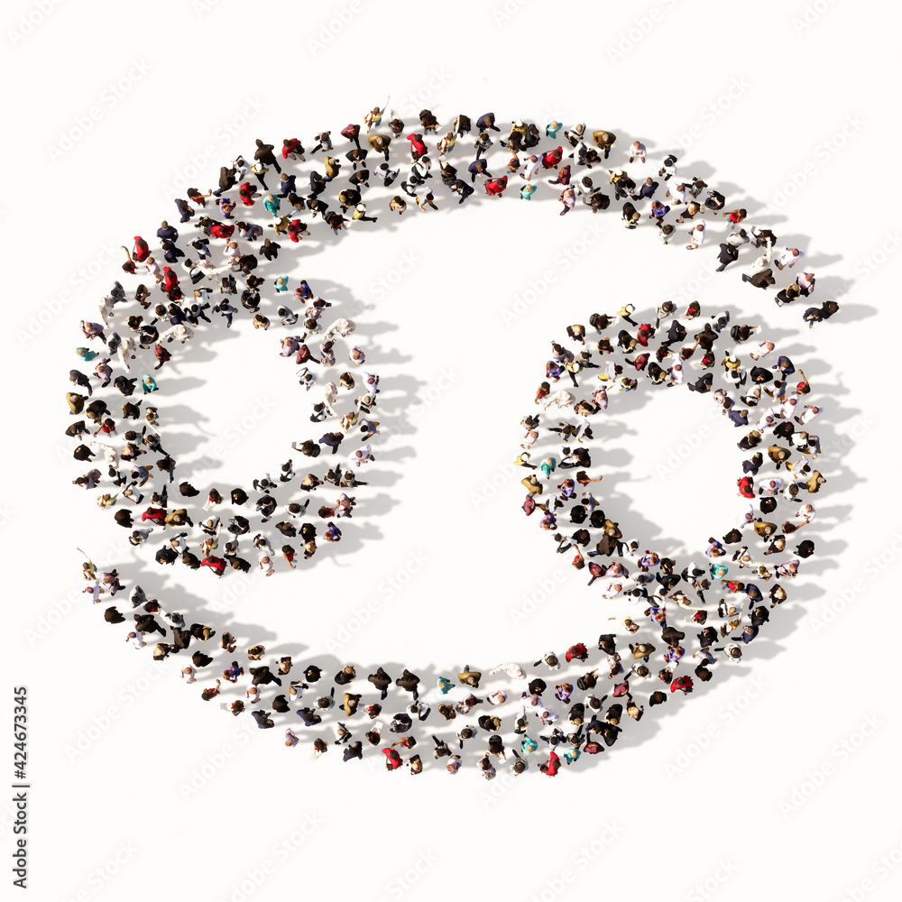 Obraz premium Concept or conceptual large gathering of people forming an cancer zodiac sign on white background. A 3d illustration symbol for esoteric, the mystic, the power of prediction of astrology