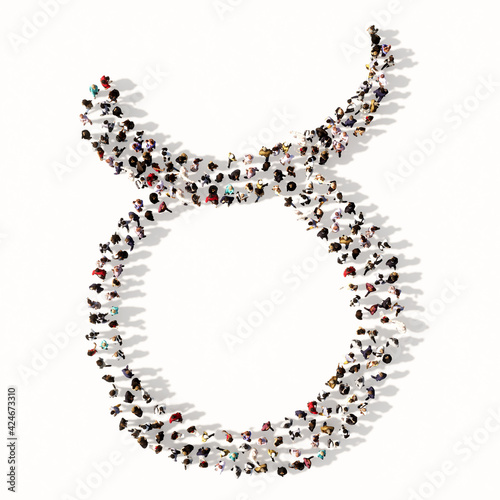 Concept or conceptual large gathering of people forming an taurus zodiac sign on white background. A 3d illustration symbol for  esoteric  the mystic  the power of prediction of astrology