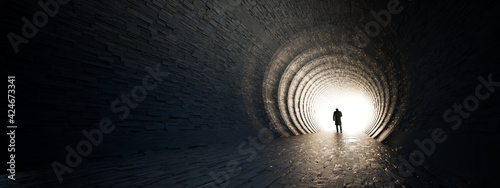 Concept or conceptual dark tunnel with a bright light at the end or exit as metaphor to success, faith, future or hope to new opportunity or freedom 3d illustration