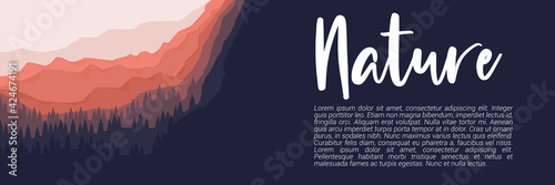 mountain forest flat design vector banner template good for web banner, ads banner, tourism banner, wallpaper, background template, and adventure design backdrop