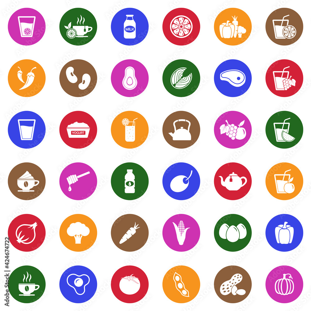 Healthy Food And Drink Icons. White Flat Design In Circle. Vector Illustration. Healthy Food And Drink Icons. White Flat Design In Circle. Vector Illustration.