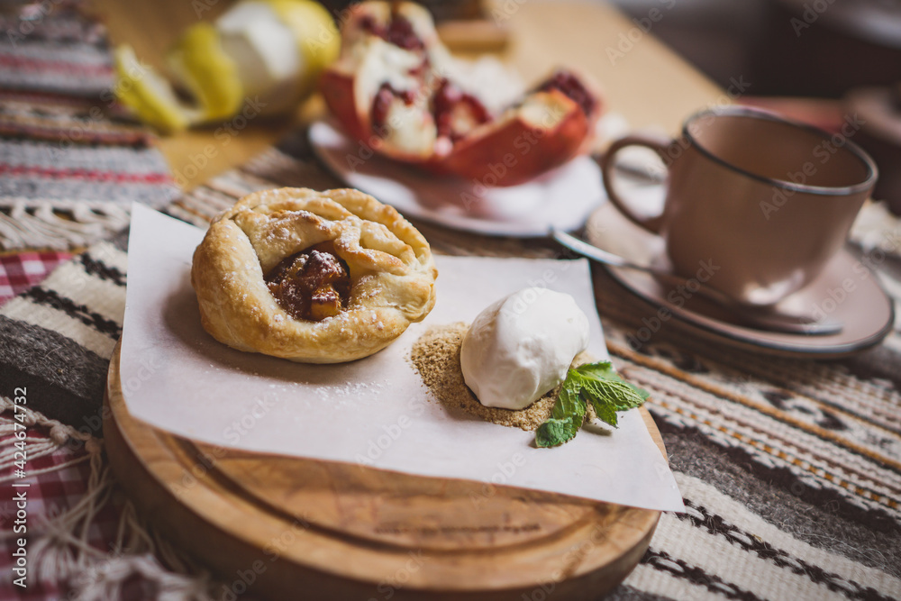Traditional Georgian sweets and desserts with hazelnuts, walnuts, grape juice, honey, chocolate. Baklava, nakhini, churchkhela. Fresh fruits and candied fruits. Traditional Turkish coffee.
