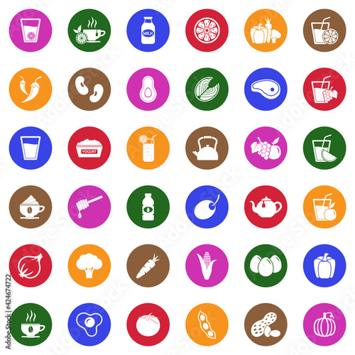 Healthy Food And Drink Icons. White Flat Design In Circle. Vector Illustration.