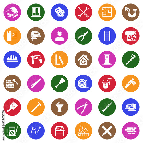 Home Repair Icons. White Flat Design In Circle. Vector Illustration.