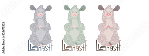 Llamaste. Set of cute curly llamas meditates in the lotus position. Vector illustration with lettering for coloring pages, children and adult prints, baby shower, yoga, health, mind development