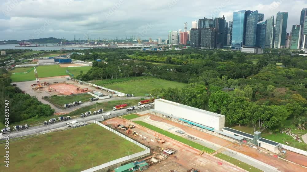 Drone shot of construction site , Marina Barrage, Singapore Drone shot of construction site , Marina Barrage, Singapore