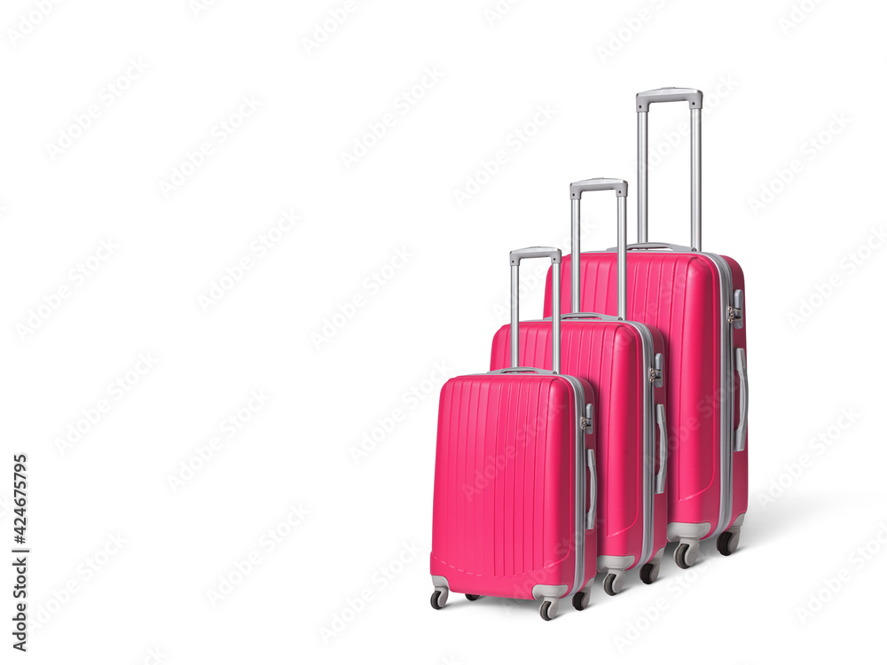 Three pink suitcases of different sizeson white background, travel concept and vacation. Three pink suitcases of different sizeson white background, travel concept and vacation.