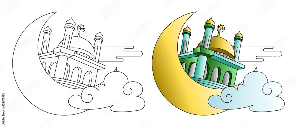 Ramadan kareem coloring book or page, vector illustration.