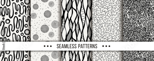 Cute collection of doodle hipster seamless patterns. Ornament set for your design, wallpaper, background, fabric textile