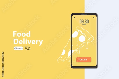 Ecommerce concept: order food online website. Fast food pizza delivery online service. Flat isometric vector illustration. Can be used for advertisement, infographic, game or mobile apps icon.
