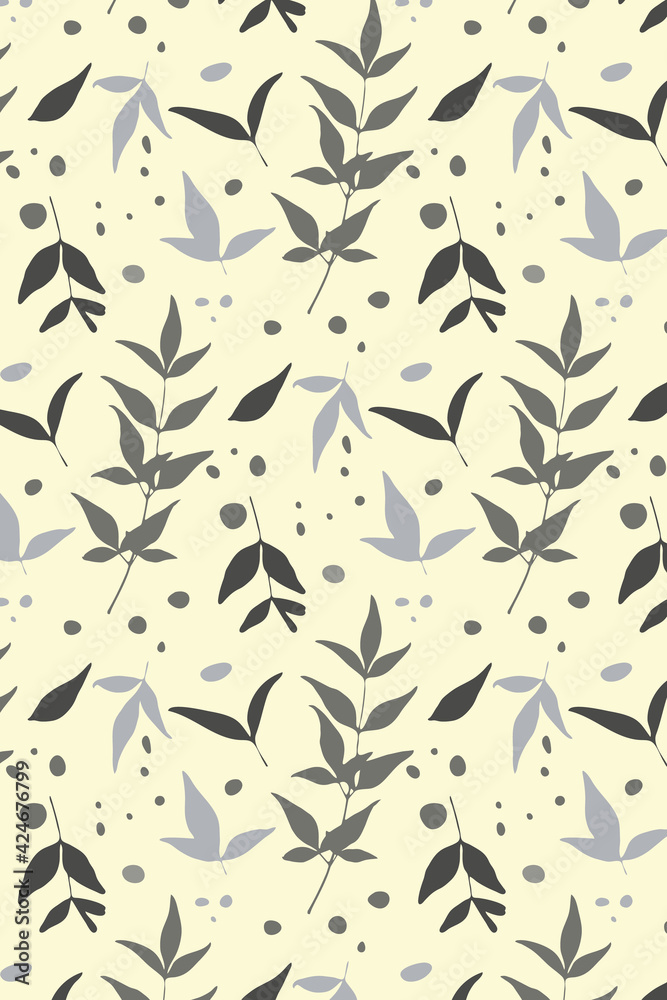 Leaves seamless pattern, hand drawn natural branches in shades of grey. Light yellow background. Vector
