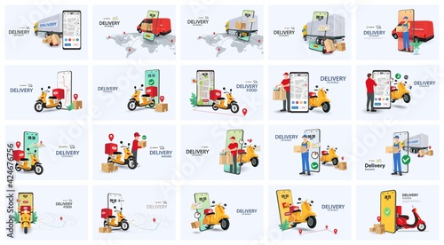 Delivery bundle with people characters, Scooters, Truck, and Smartphone. Online order and couriers delivery at home, global shipping and local distribution, logistics situations. Express delivery