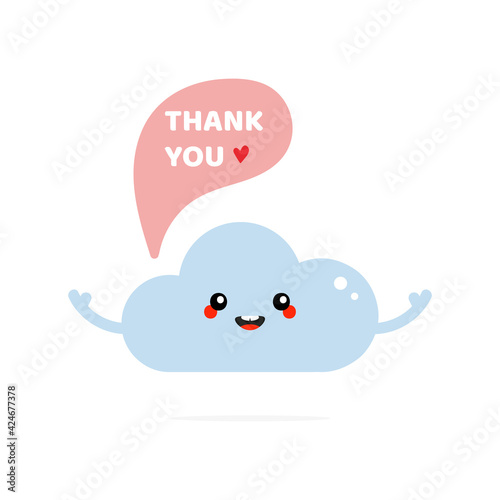Cute smiling cartoon style blue cloud character with speech bubble saying thank you, showing appreciation.
