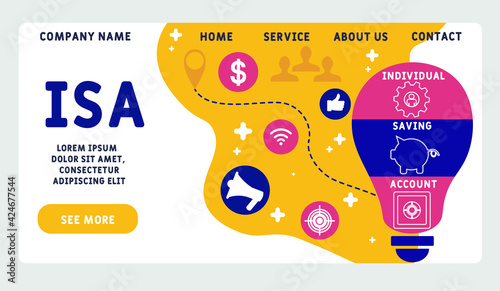 Vector website design template . ISA - Individual Saving Account acronym. business concept background. illustration for website banner, marketing materials, business presentation, online advertising