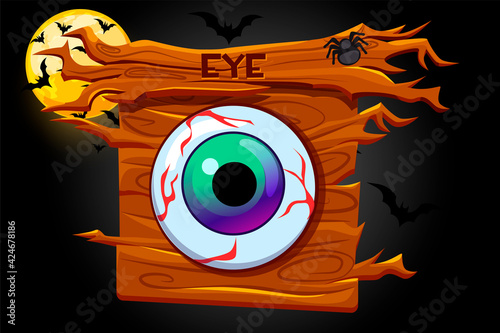 Game eyes icon, wooden banner and scary night.