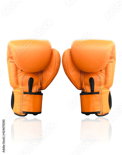 Beautiful Orange and Black Boxing gloves on white background, object, fashion, safety, copy space