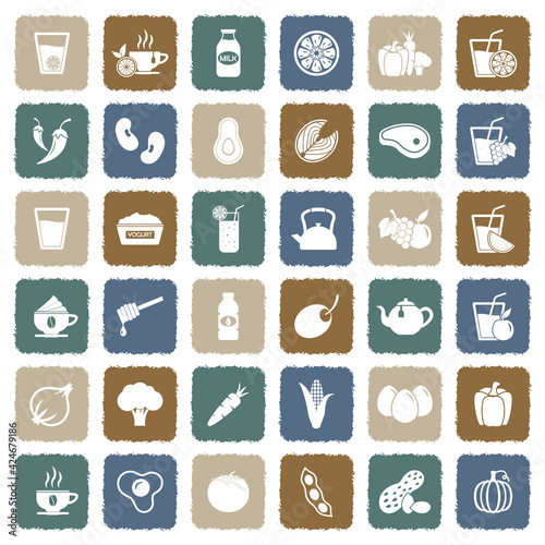 Healthy Food And Drink Icons. Grunge Color Flat Design. Vector Illustration.