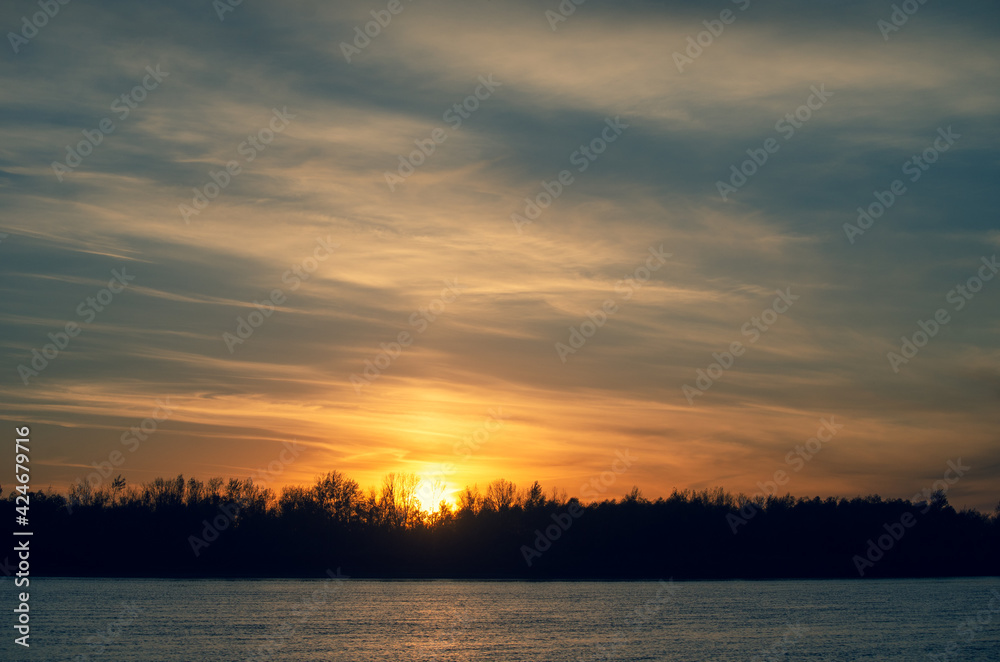 Sunset over the Irtysh River in the Omsk Region