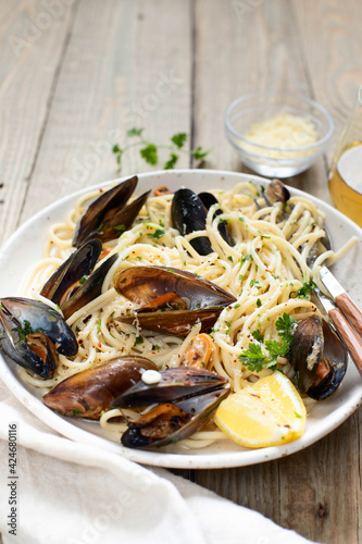 Pasta with mussels. A traditional dish of Mediterranean cuisine.