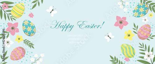 Horizontal Easter banner with Easter eggs, butterflies, flowers. Template for banner, flyer, invitation.