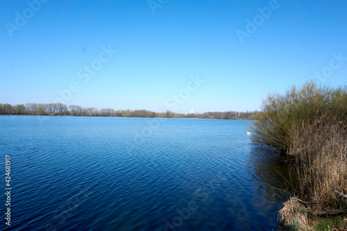 beautiful small lake with blue water under blue sky in sunshine
