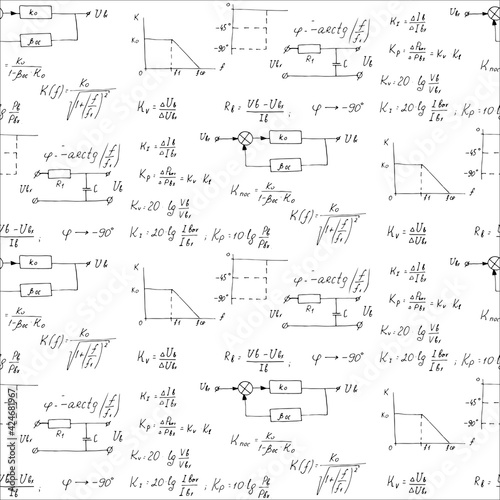 Physics, electronic engineering, mathematics equation and calculations, endless hand writing. Vector whiteboard. Scientific seamless pattern.