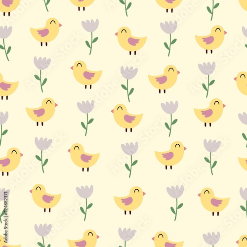 spring seamless pattern with cartoon birds, flower. colorful vector for kids. hand drawing, flat style. baby design for fabric, print, textile, wrapper