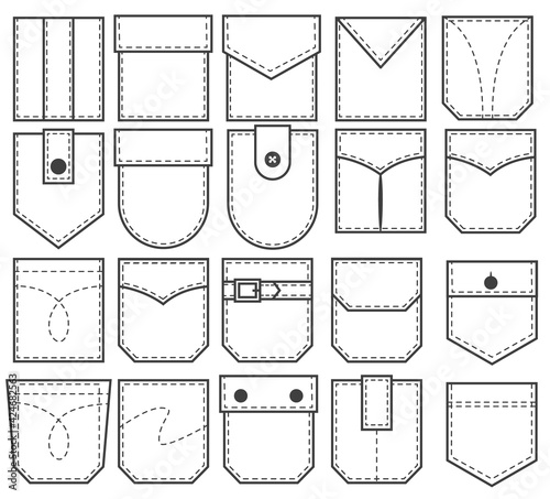 Set of pocket patches. Outline elements for uniform or casual style clothes, dresses and shirts. Line vector illustration on white background