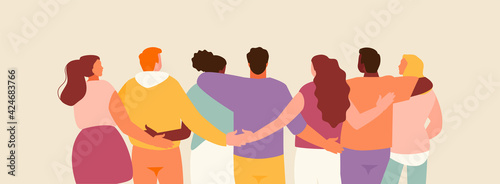 Group of hugging friends rear view. Friendship and support vector illustration photo