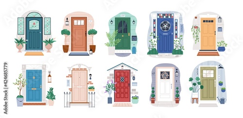 Set of different house entrances, porches and closed doors. Entries to apartments with potted plants, mats, lamps and letterboxes. Colored flat vector illustration isolated on white background photo