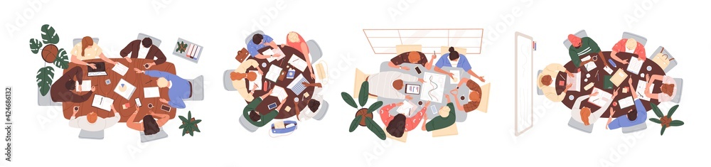 Top view of teams working together at conference tables. Set of people during brainstorming, work or education process, sitting around desks. Colored flat vector illustration isolated on white Top view of teams working together at conference tables. Set of people during brainstorming, work or education process, sitting around desks. Colored flat vector illustration isolated on white