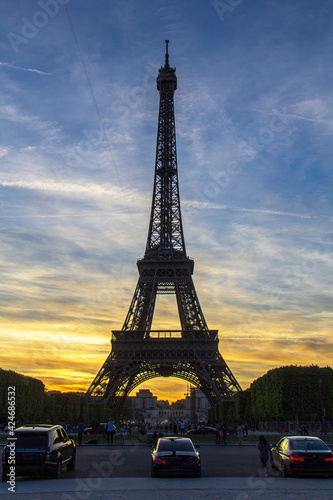 Eiffel tower silhouetted against a beautiful sunset sky.