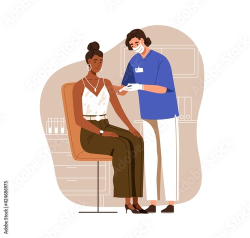Nurse vaccinating black-skinned woman with anti-covid vaccine injection. Adult patient vaccination for protection from viruses. Colored flat vector illustration isolated on white background