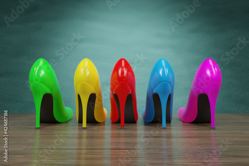 Women's shoes of different color staying on the floor - 3d render background