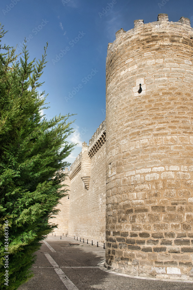 Calle peatonal junto a muralla del castillo medieval de Fuensaldaña, provincia de Valladolid, España Calle peatonal junto a muralla del castillo medieval de Fuensaldaña, provincia de Valladolid, España